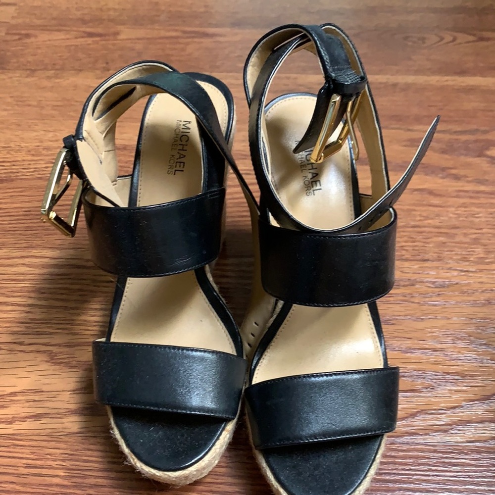 Michael Kors Black Leather Poesy Ankle strap Wedge Heels